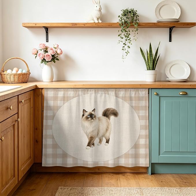 Ragdoll Cat Oven Skirt Curtain for Kitchen Decor 28"x35", Vintage Linen Plaid Farmhouse Pet Cats Self Adhesive Stove Curtains Skirt Cabinet Curtains for Bathroom Laundry Room