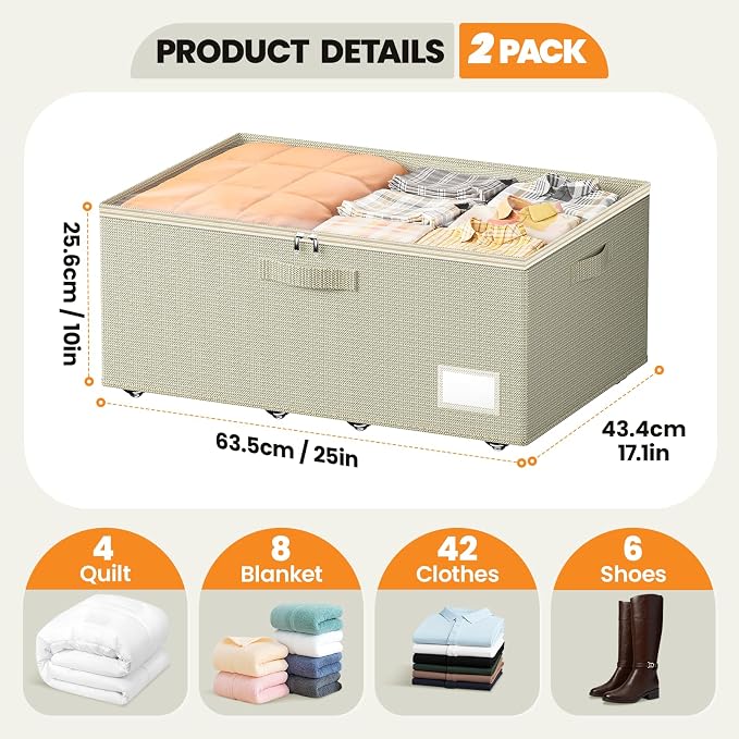 Dayacoco Under Bed Storage With Wheels,10in Underbed Storage Containers 65L | Large Capacity Underbed Storage, No Assembly Required Rolling Under Bed Storage for Clothes Blankets Shoes Beige