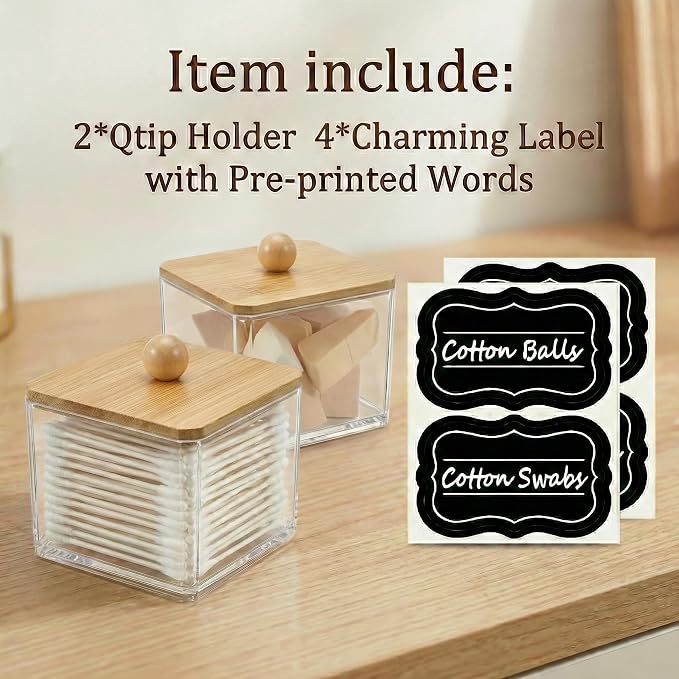 SheeChung Square Acrylic Qtip Holder with Bamboo Lid, Set of 2 Bathroom | Qtip Holder for Bathroom, Clear Apothecary Jar for Cotton Balls, Beauty Pads, Hair Ties, Boho Vanity Decor & Organizer