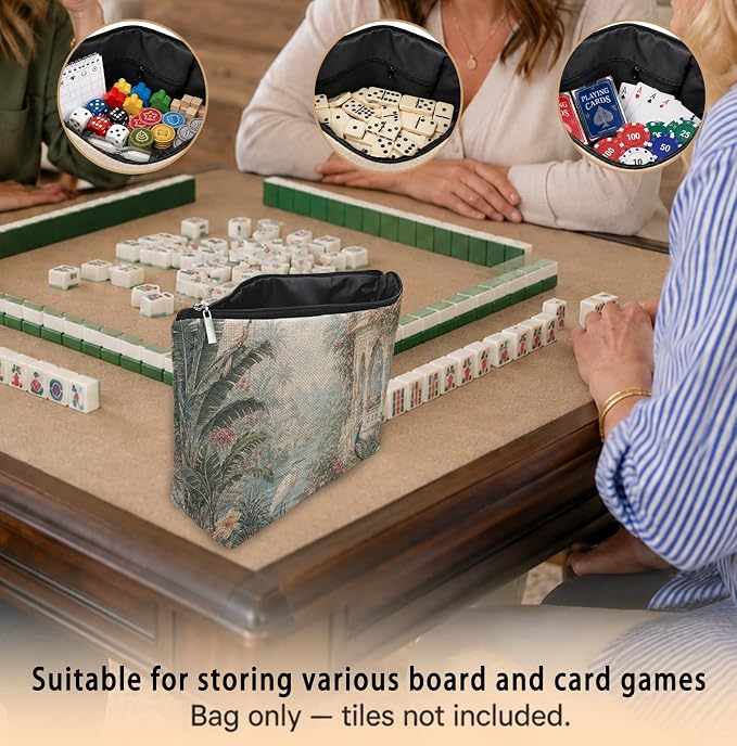 Chinoiserie Tropical Plant Peacock Empty Mahjong Tile Bag 13x7.8in | French Country Flower Garden Heron Printed Portable Organizer Zipper Pouch for American Mahjong Tiles Accessories and Gifts
