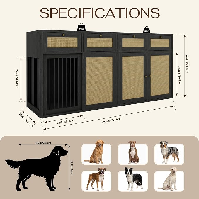PureCozy 2-Piece Dog Crate Furniture, Left, 80 Inch, Black Oak | Left-unit kennel with metal sliding door plus cane storage cabinet and 4 total drawers; furniture-style indoor console.