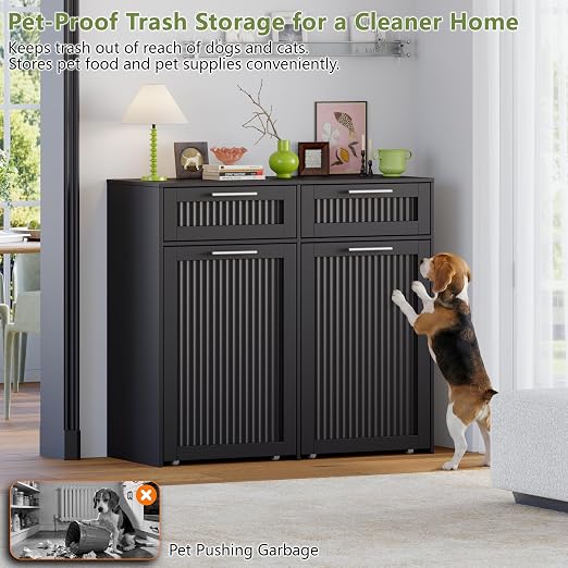 Double 13 Gallon Pull Out Trash Can Cabinet with Drawer, Garbage Cabinet | Pet Proof Hidden Trash Storage, Fluted Farmhouse Design, Space-Saving Kitchen Organizer, Dining Room Storage,Black