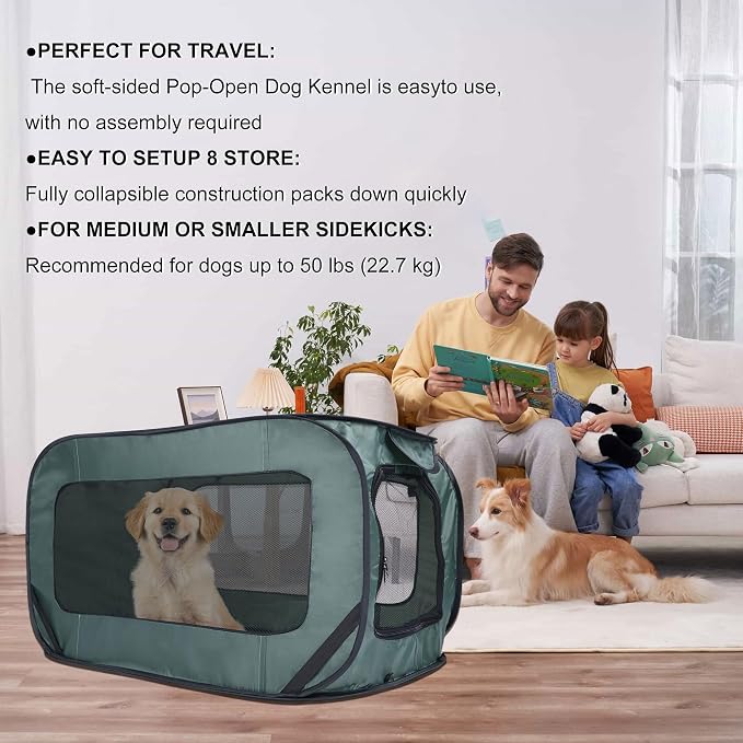 36 Inch Foldable Dog Kennel for Large Dogs, Portable Waterproof Pop-Up Pet Crate, Indoor Outdoor Travel Car Seat Kennel (Green)