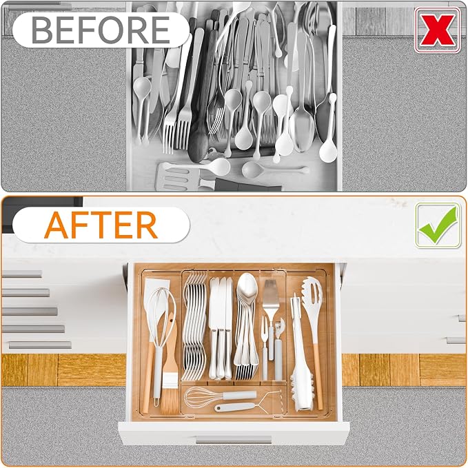Clear Expandable Silverware Drawer Organizer,9.4-15.6In Adjustable Silverware Tray for Drawer,Acrylic Kitchen Utensil Drawer Organizer for Cutlery,Flatware Organizers and Fork and Spoon Holder