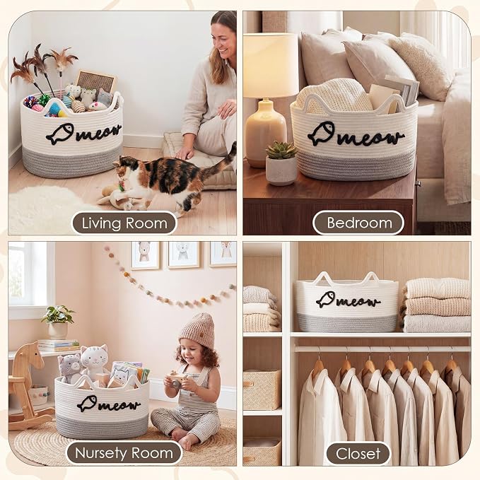 Cat Toy Basket with Cat Ear Handles, 19.5 x 11 x 9 in Woven Cats Toy Bin, Large Two-tone Cotton Rope Storage Box, Meow Words Organizer for Toys, Blankets, Home Decor (White, Gray)