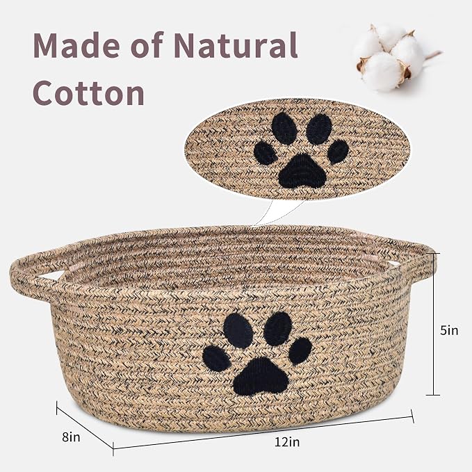 ABenkle Small Woven Basket with Handle, Cute Dog Paw Baskets for Gifts Empty, Decorative Rope Woven Storage Dog Toy Basket, Nursery Baskets for Baby Shower, 12" x 8" x 5"
