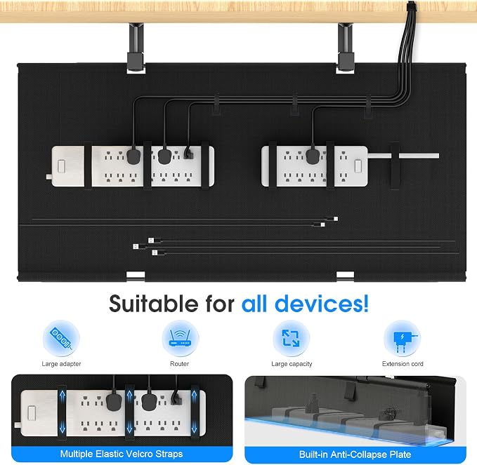Under Desk Cable Management Tray, 40-inch No-Drill Cord Organizer with Anti-Sag Reinforced Base, Fabric Wire Management Hider for Standing Desk, Office & Gaming Accessories - Black
