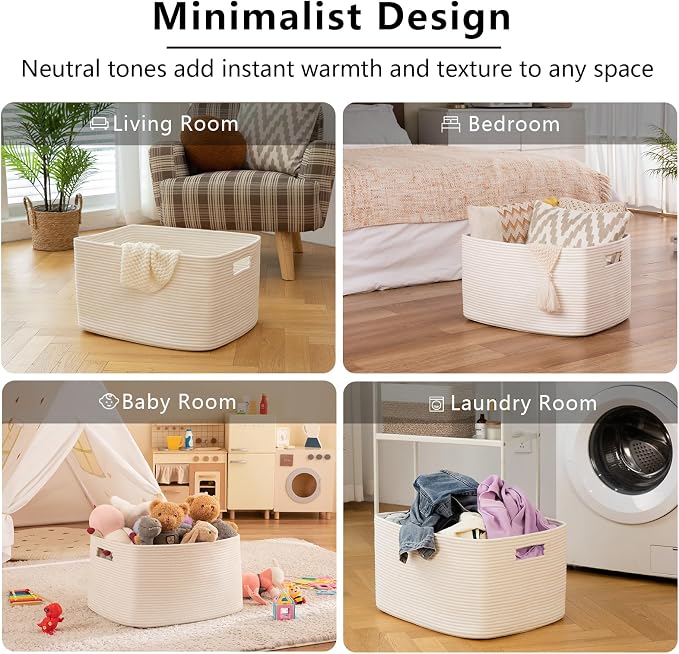 OIAHOMY XXLarge Rectangle Blanket Basket-96L, Cotton Woven Basket for Storage, Dirty Clothes Basket for Living Room, Nursery, Bedroom, Toy Organizing with Handle, 24" x 16" x 15", White