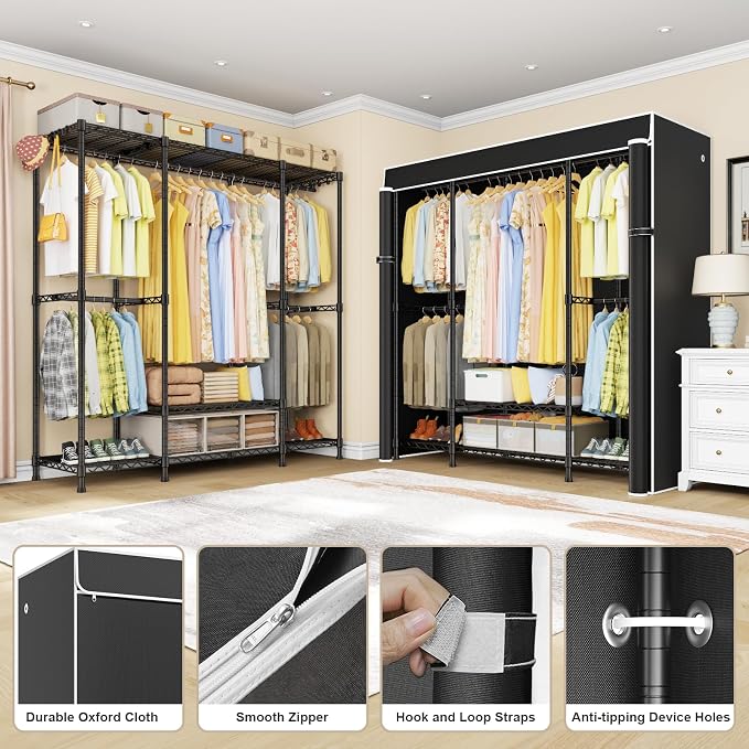 E3C Heavy Duty Portable Closet Wardrobe with Black Fabric Cover | Freestanding Metal Closet System Storage Organizer for Clothing, Clothing Rack Holds up to 850 lbs, 59.5"W x 16.5"D x 77.4"H
