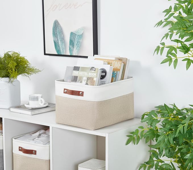DECOMOMO Storage Bins, Extra Large Fabric Storage Baskets for Shelves 3Pack | 15.8 x 12.5 x 10 inches Decorative Linen Closet Organizers (Beige & White)
