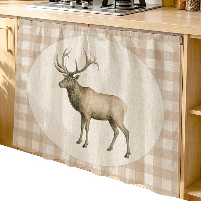 Majestic Buck Cabinet Dishwasher Hidden Curtains, Privacy Closet Door Curtain, Vintage Natural Buck Rustic Linen Plaid Adhesive Dust Proof Under Sink Skirt for Bathroom Kitchen 35"x35"