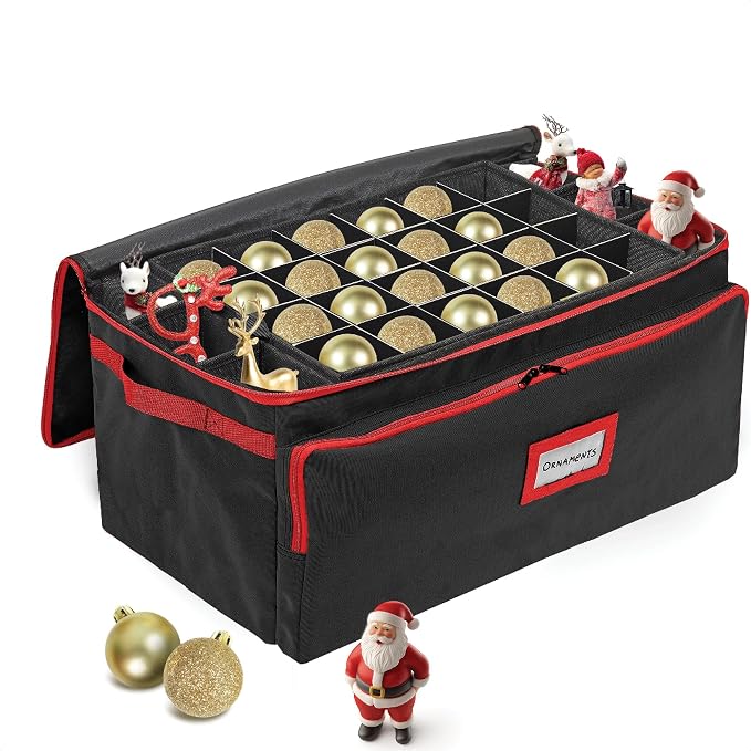 Premium Christmas Ornament Storage Box – Holds up to 72-3” Ornaments + 6 Side Slots for Figurines & Nutcrackers – Holiday Decoration Organizer – Durable 600D Black Canvas