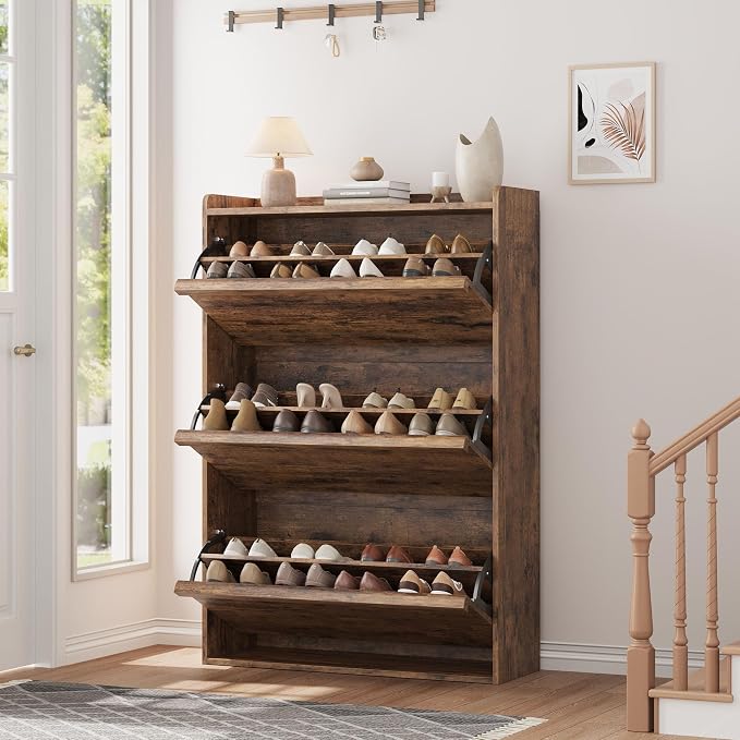 GarveeHome Shoe Cabinet with 3 Flip Drawers, Wooden Shoe Organizer Cabinet with Adjustable Shelf, Shoe Storage for Entryway, Hidden Shoe Cabinet for Hallway, Living Room, Rustic Brown