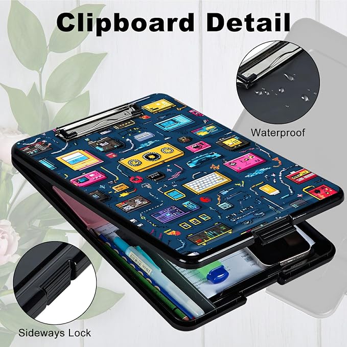 Heavy Duty Storage Clipboard, Slim Nursing Clipboard with Internal Pen Case, Portable File Organizer Case for A4 Letter Size Paper Office Medical Professionals, Retro Radio