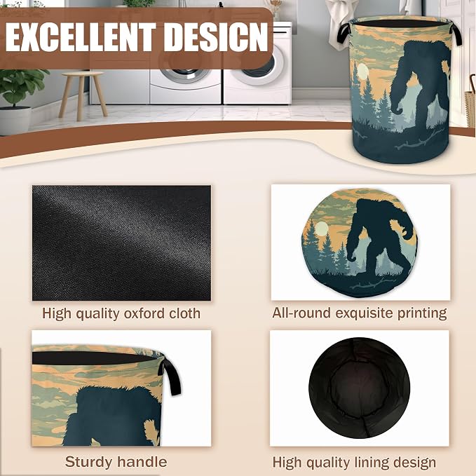 Laundry Basket Big Foot Forest Collapsible Laundry Baskets Waterproof Oxford Cloth With Handles,Sunset Laundry Hamper Clothes Storage Bucket Toy Organizer for Bathroom/Nursery/Bedroom 16" x 20.8"