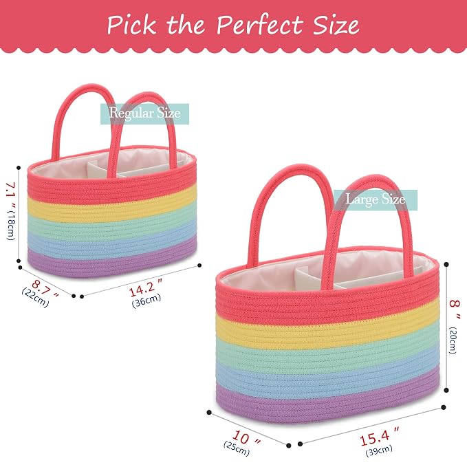 COMSE Baby Diaper Caddy Organizer with Handles, Cotton Rope, Rainbow