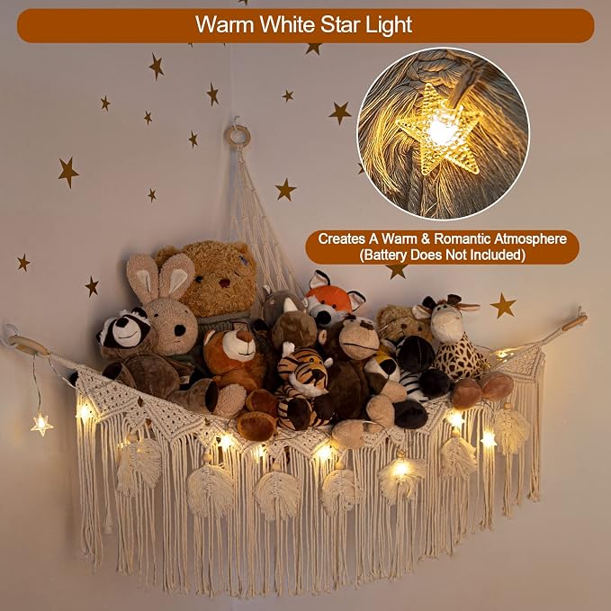 Macrame Stuffed Animal Storage with Star Light, Corner Hammock for Nursery | Corner Hanging Stuffed Animal Net Organizer for Girls' Room, Plushies Toy Wall Hanging Display Holder, Kid Gift