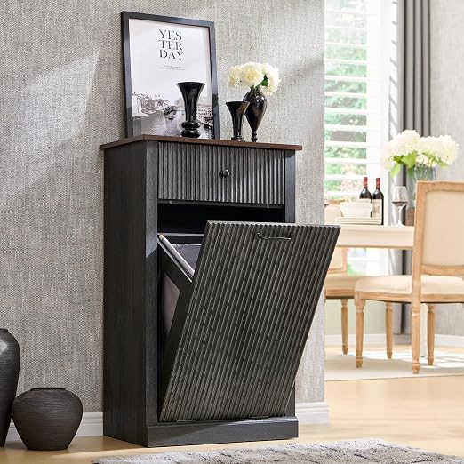 IFGET Tilt-Out Trash Can Cabinet, Fluted Laundry Hamper Cabinet, Dark Gray
