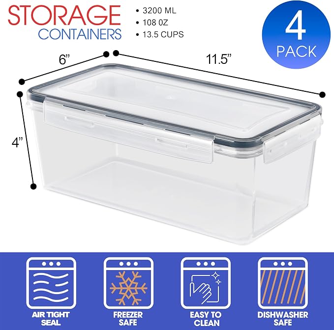 Sorbus Airtight Food Storage Containers, Plastic Pantry Bins (4 Pack) | Four-way snap lids keep cereal, pasta, flour, nuts and candy fresh; stackable construction fits cabinets and counters.