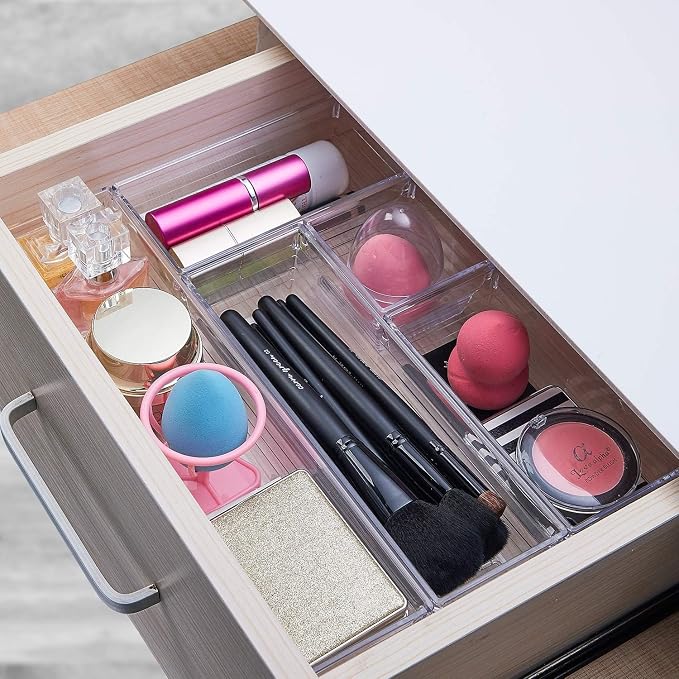 DCA 14 PCS Clear Plastic Drawer Organizer Tray, 4 Sizes Vanity Trays | Makeup, Kitchen & Gadgets | Jewelry Storage | Customizable dividers | Easy to Clean