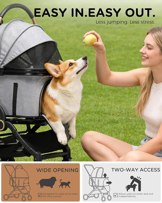 GTPLAYER Pet Stroller for Small Dogs and Cats, One-Click Foldable, Detachable Carrier, Breathable Mesh, 45 lbs Capacity, 2 Safety Leashes, Storage Basket & Cup Holder, Light Gray