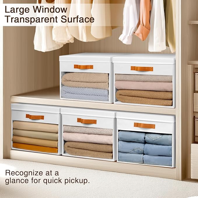 Large Storage Bins with Lids - 4 Pack Foldable Decorative Organizers with Clear Windows & Handles, Cube Storage Organizers for Clothes, Blankets, Sweaters, CD, White