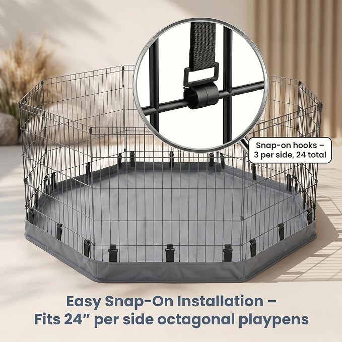 PJYuCien 2-in-1 Octagonal Dog Playpen Bottom Pad for 24" Side Pen, Gray | Dual-function Pad, For Puppy Small Animals, Protects Floors, Easy Clean, 600D Oxford, Snap Hooks