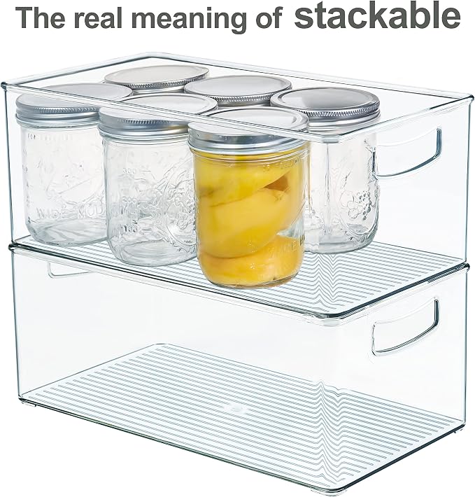 Hudgan 4 Pack Straight Sides Stackable Pantry Organizer Bins for Home Edit - 13.5''L x 7.5''W x 5.5''H