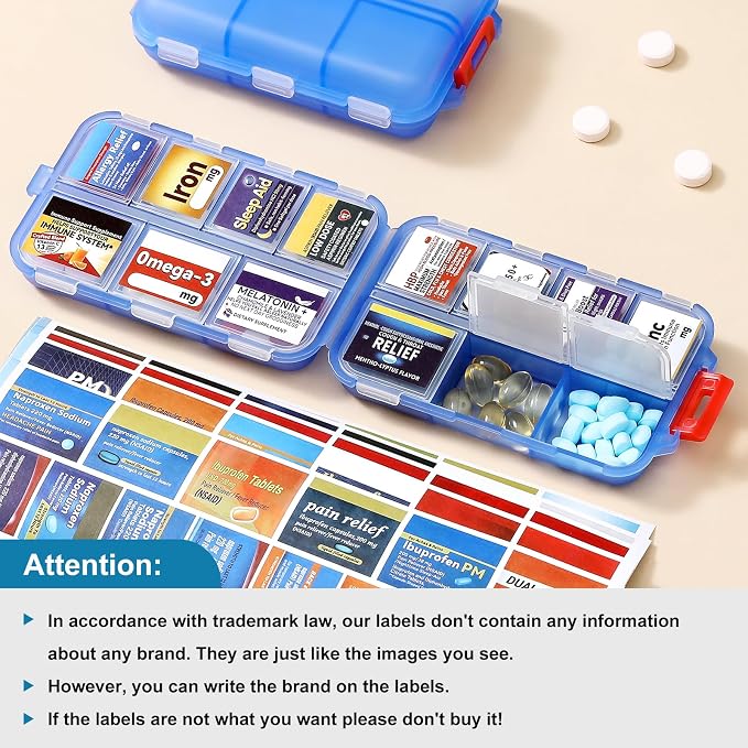 14 Grids Travel Pill Organizer Box with 415-Pcs Medicine Name Labels - Pocket Daily Pharmacy Case Container Kit - Travel Medication Holder Dispenser for Fish Oil Vitamin Supplement Storage -Clear Blue