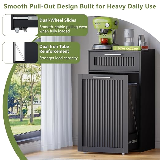 Single 13 Gallon Pull Out Trash Can Cabinet with Drawer, Garbage Cabinet | Pet Proof Hidden Trash Storage, Fluted Farmhouse Design, Space-Saving Kitchen Organizer, Dining Room Storage,Black