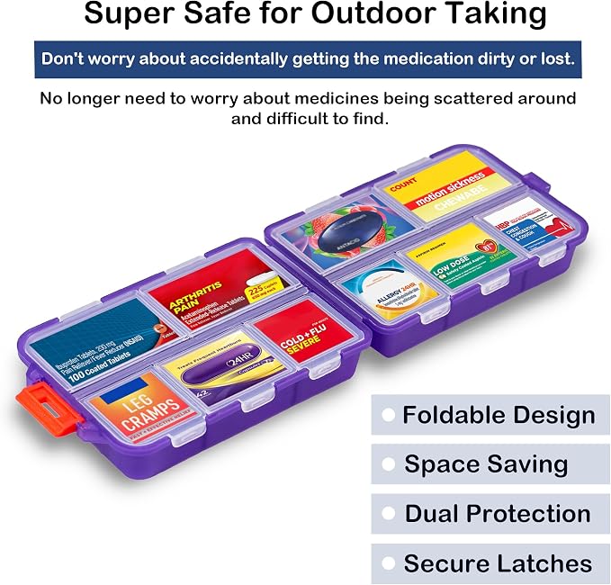 Extra Large Pill Organizer with 161 Medicine Labels, Travel Pill Case | Purple Extra large case with 10 compartments for 7-day pill planning, vitamins, supplements, and travel