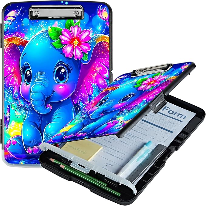 Blue Elephant Flowers A4 Clipboard with Storage Pen Holder, Clipboards Organizer Nursing Clipboard Foldable File Folder Plastic Clipboard Folio Clip Board for Office Students Classroom