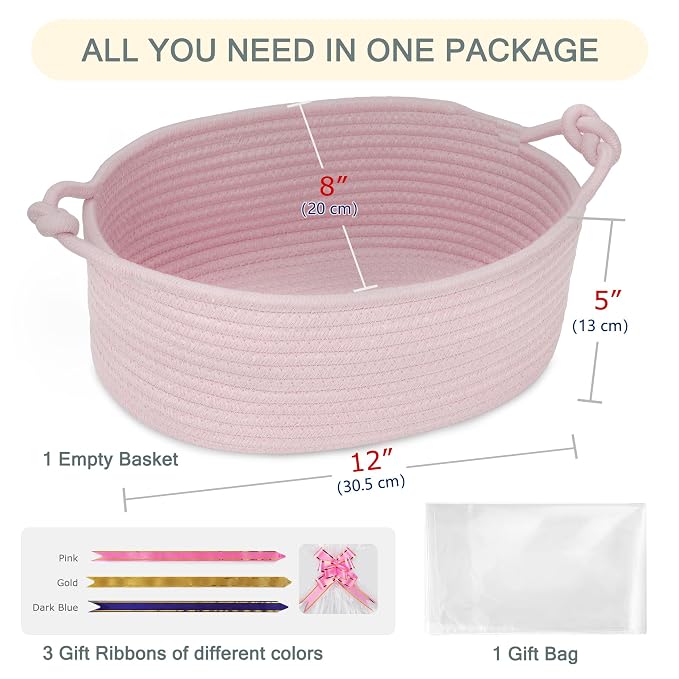 COMSE Small Gift Basket Empty with Bag & Ribbons, Solid Light Pink | Cotton Rope, 12"x 8"x 5", Pet Toy Storage Organizer, Woven Basket for Birthdays, Baby Showers, Mother’s Day, Valentine’s Day
