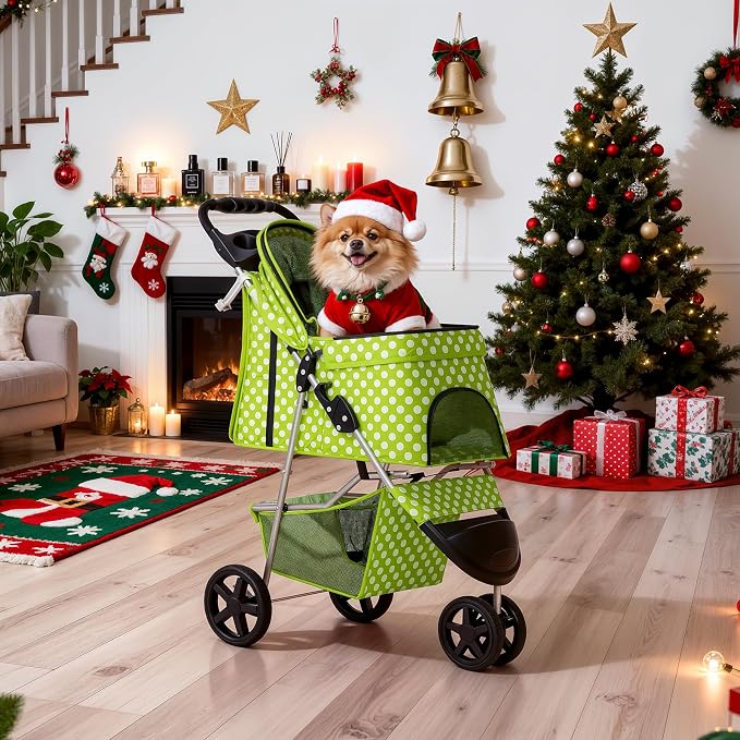 MoNiBloom Pet Stroller for Small/Medium Dogs and Cats, Lawn Green | Foldable Dog Stroller 3 Wheels Pet Strolling Cart w/ Storage Basket Cup Holder, Breathable and Visible Mesh for All-Season