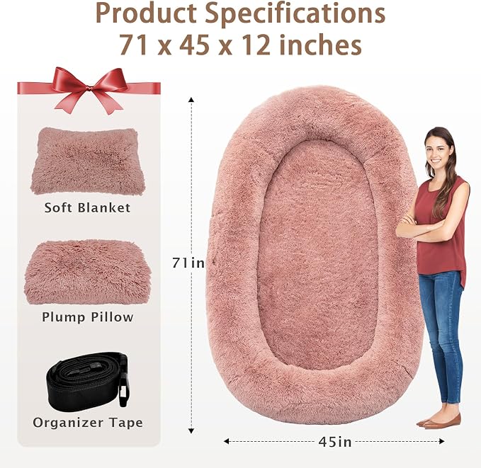 ROOMTEC Human Dog Bed, 71''x45''x12'' Size Fits Adult and Pet Washable Giant People Bed 10 CM Thick Memory Foam Large Oversize Pet Bed with Plump Pillow, Blanket, Strap - Pink