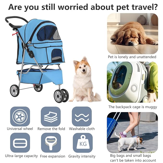 FDW Pet Stroller 3-Wheel Durable Foldable Cat Dog Stroller with Washable Liner Storage Basket Cup Holder,Blue