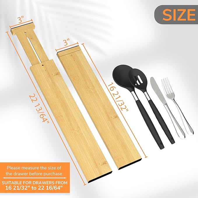 BAMEOS Bamboo Expandable Drawer Dividers – Fits 16.65"–22" Drawers, 3" Deep Walls, Set of 4 | Taller Spring-Loaded Separator Keeps Items Upright in Kitchen & Dresser Drawers