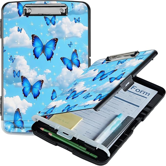 A4 Clipboard with Storage Pen Holder, Clipboards Organizer Nursing Clipboard Foldable File Folder Plastic Clipboard Folio Clip Board for Office Classroom Doctor, Blue Butterfly White Cloud