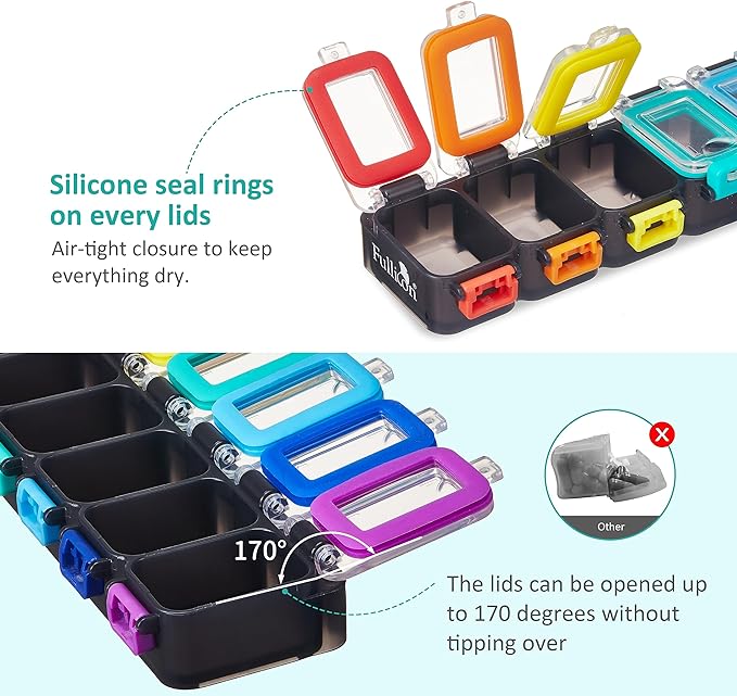 Fullicon Moisture Proof Pill Organizer 7 Day, Pill Box, Rainbow Black | Each Compartment Holds Up to 40 Small or 15 Large Capsules, 10 Tablets, or 9 Fish Oils, Spill Proof, Color Coded, BPA Free