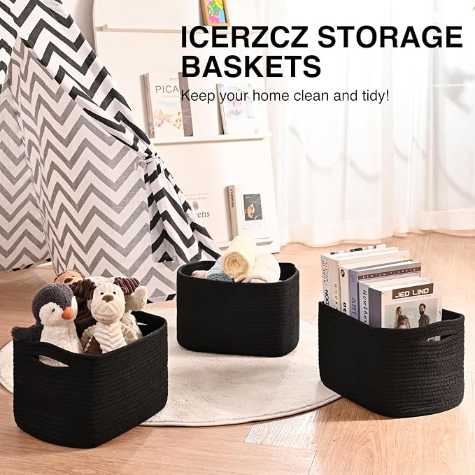 ICERZCZ Black Storage Baskets for Shelves, Small Storage Baskets for Organizing, Woven Cotton Rope Baskets for Storage, Book Basket, Decorative Shelf Basket, 12.5"Lx9.1''Wx7.9''H (4 Packs) Black