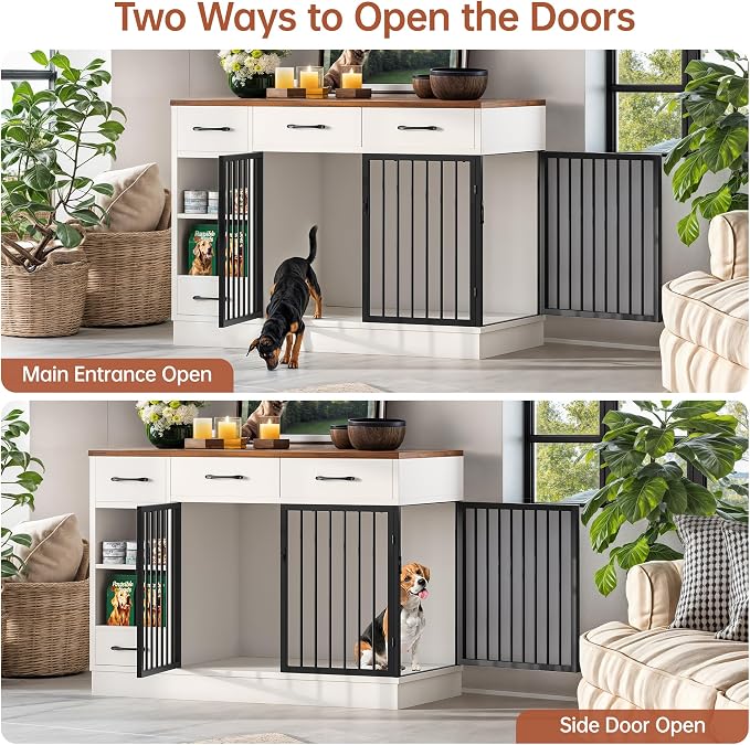 Dog Crate, 47.2" Dog Cage with Hidden Feeder Bowl & 3 Storage Drawers - Wooden Dog Crates with Adjustable Shelf, 2 Doors Dog Kennel Furniture for Medium & Small Dogs, Multi-Functional Pet End Table