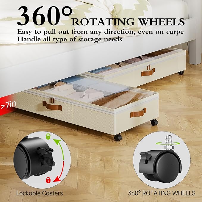 Yecaye Under Bed Storage with Wheels, 65L Under Bed Storage Containers with Adjustable Dividers & Clear Lid, Rolling Underbed Organizer Bins Drawer for Clothes, Shoes, Blankets, 2 Pack