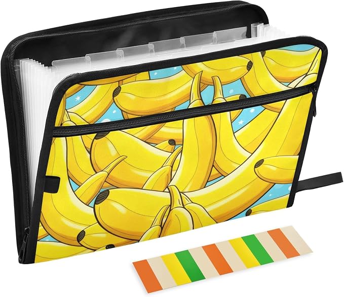 Yellow Banana Pattern with Blue Starry Background Expanding File Folder with Sticky Labels, 13 Pockets Accordion File Folder Document Organizer Expandable Zip File Folder with Zipper Closure