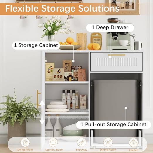 13 Gallons Pull Out Trash Can Cabinet with Storage, White | Fluted Kitchen Trash Cabinet with Adjustable Shelf & Drawer, Hidden Wood Pet Proof Trash Can Holder for Laundry, Living Room