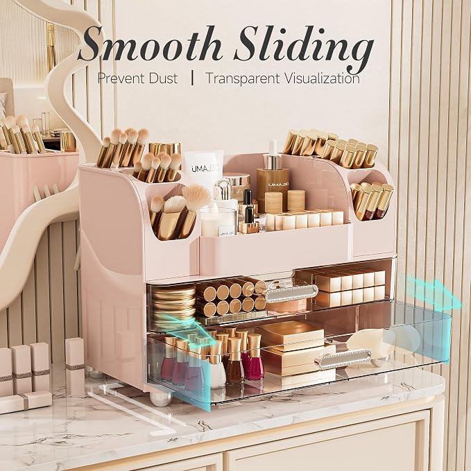 Delamu Large Makeup Organizer Countertop with 6 Brush Holders, Pink