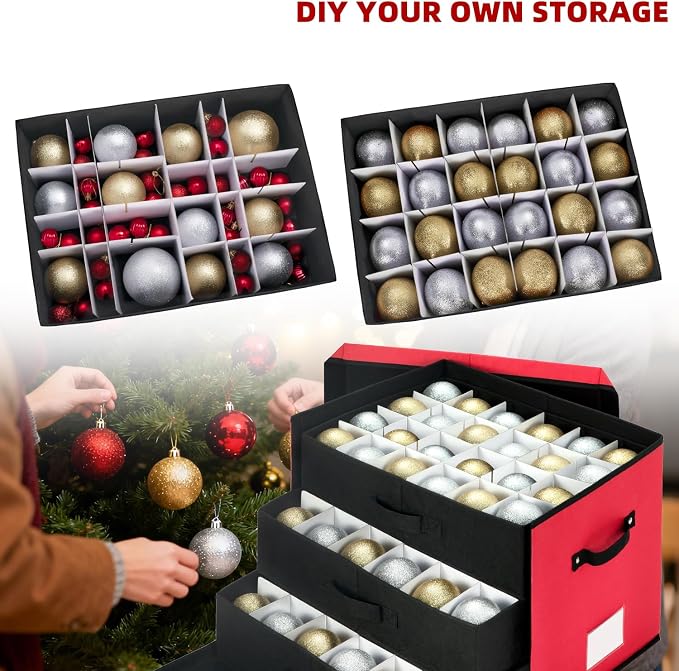 Christmas Ornament Storage Box with Adjustable Dividers, Large Holiday Ornaments Storage Container Bin with Lid for Xmas Decorations (72-3" Balls, Red, With Removable Tray)