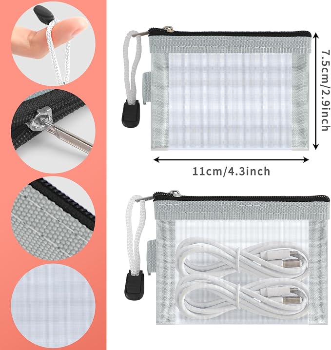 Classycoo Mini Zipper Mesh Bags 5 Pack,3" x 4.3" Nylon Small Zipper Mesh Pouch Key Card Holder,Coin Purse， Portable Travel Makeup Cosmetic Bags for Lipstick,Earphone (Grey)
