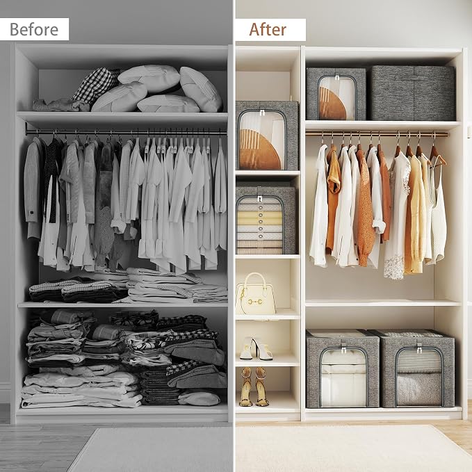 GoMaihe Clothes Storage Bins with Metal Frame for Closet, 40L 4-Pack Grey | Sweaters Hoodies Jeans T-Shirt, Closet Top Shelf Organizer, Steel Frame Collapse-Proof, Stackable, Clear Window, Dual Access