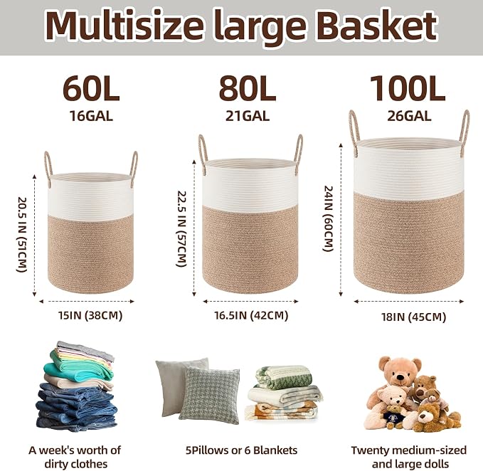OIAHOMY 60L Nursery Hamper Laundry Basket Laundry Hamper Grey/White | collapsible Blanket Basket Cotton Rope Woven Basket Dirty Clothes Hamper Baby Hamper Tall Clothes Hamper with Handles