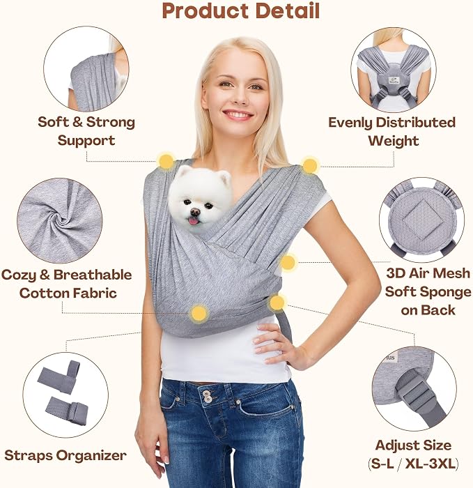 AnccoPlus Small Dog Sling Carrier, Hands-Free, Heather Gray, Plus | Patented Front Carrier Reduces Back and Neck Strain; Adjustable, Soft Cotton, 3D Air Mesh for Puppies & Cats up to 20 lb